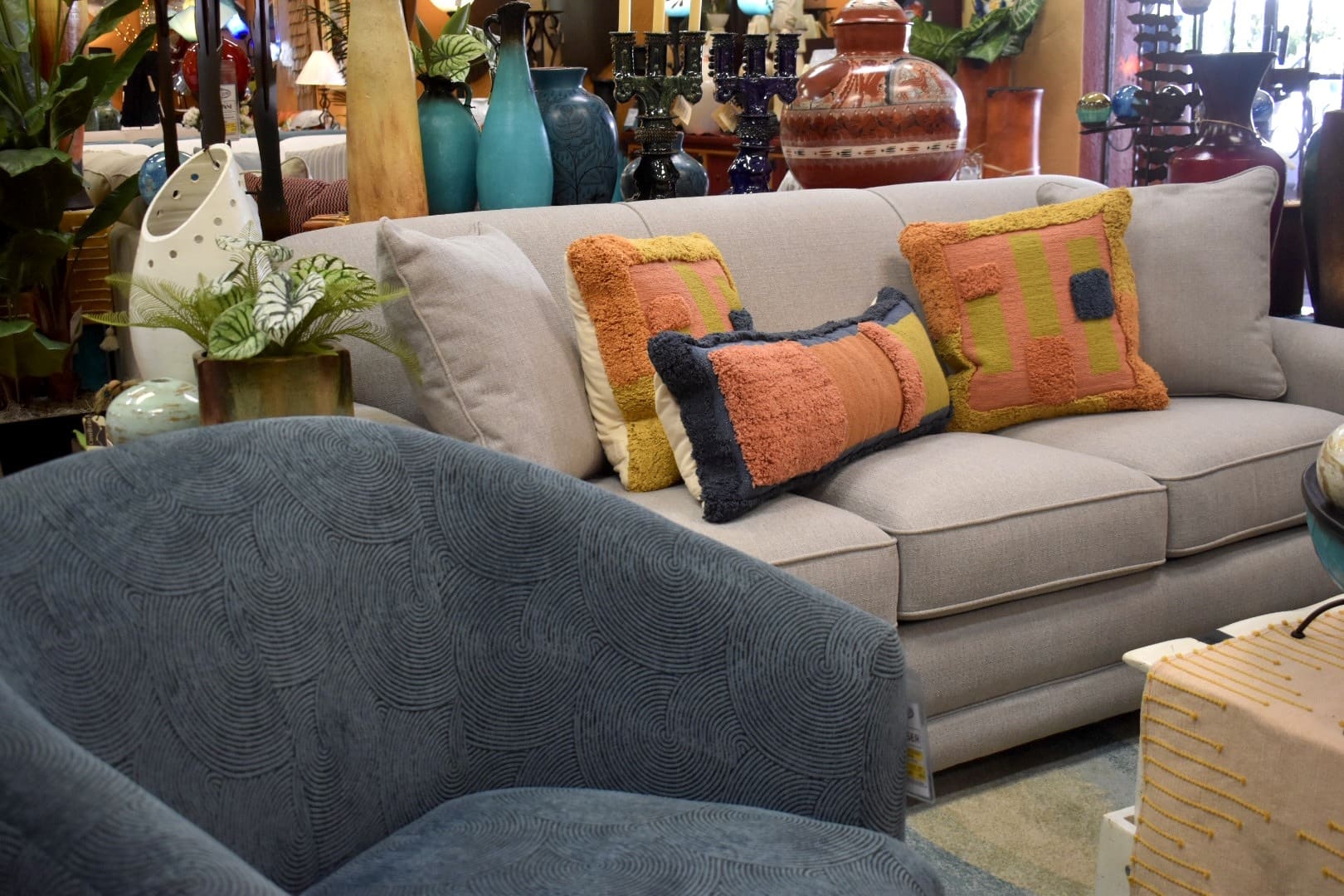 La-Z-Boy Sofa Sleeper with Decorative Pillows by Loloi, photographed in the Casa Bonita showroom
